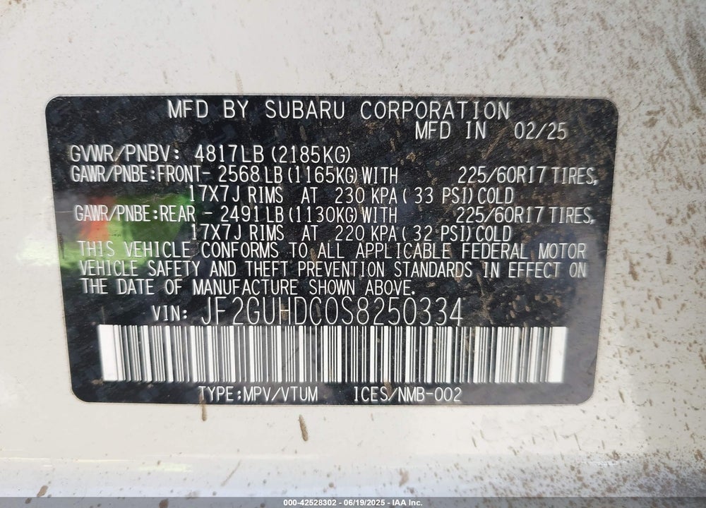2025 SUBARU CROSSTREK PREMIUM VIN: JF2GUHDC0S8250334