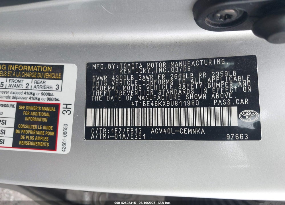 2009 TOYOTA CAMRY VIN: 4T1BE46KX9U811980