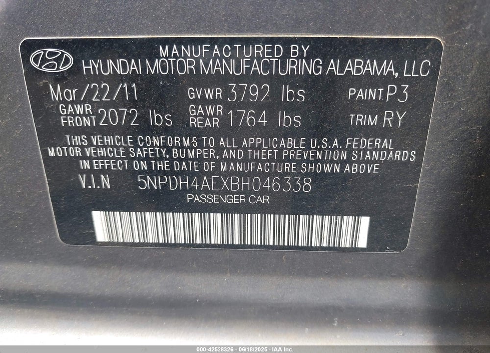 2011 HYUNDAI ELANTRA VIN: 5NPDH4AEXBH046338