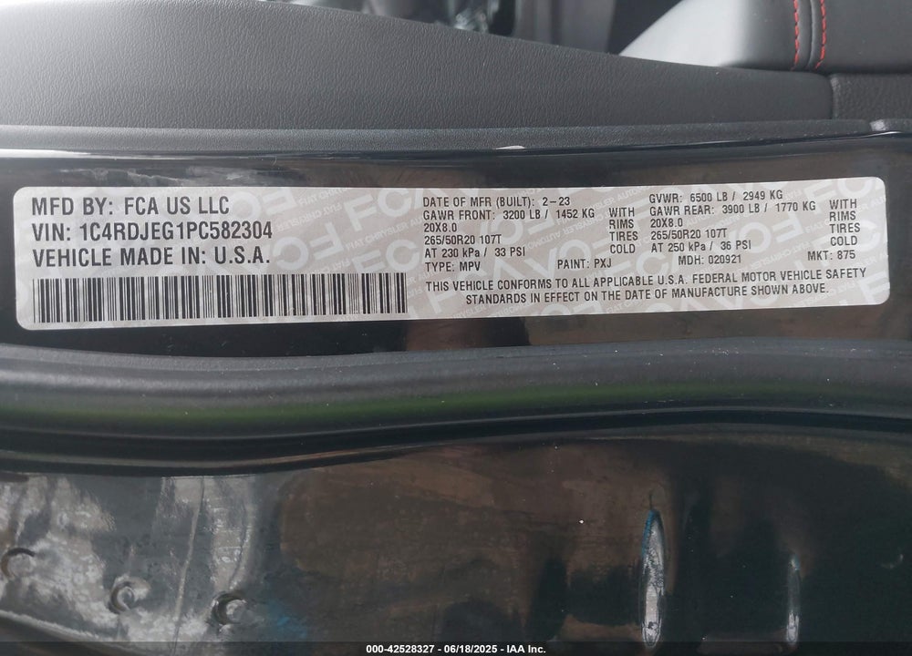 2023 DODGE DURANGO VIN: 1C4RDJEG1PC582304