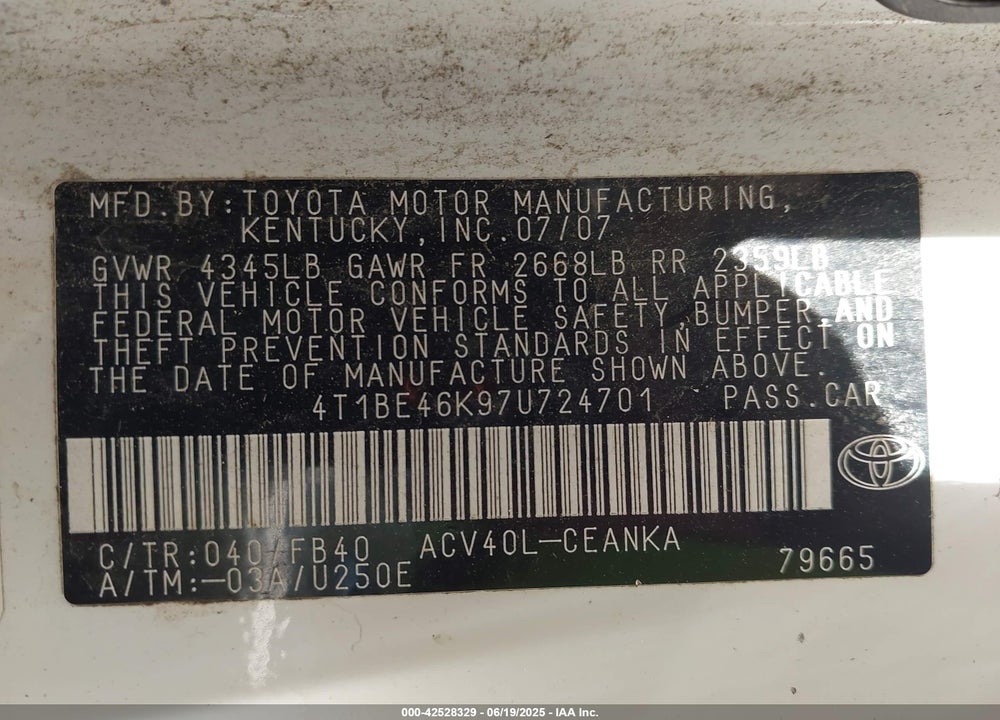2007 TOYOTA CAMRY VIN: 4T1BE46K97U724701