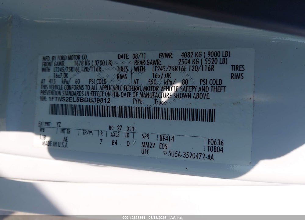 2011 FORD E-250 COMMERCIAL VIN: 1FTNS2EL5BDB39812