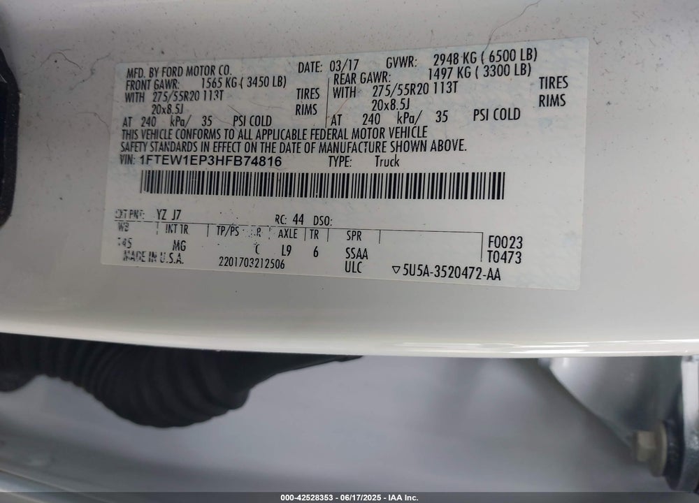 2017 FORD F-150 VIN: 1FTEW1EP3HFB74816