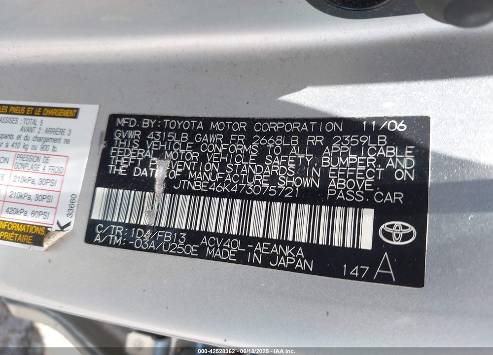 2007 TOYOTA CAMRY VIN: JTNBE46K473075721