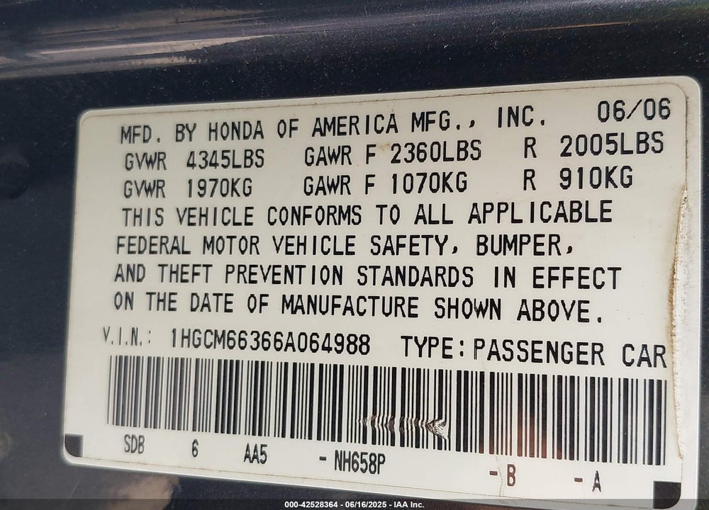 2006 HONDA ACCORD VIN: 1HGCM66366A064988