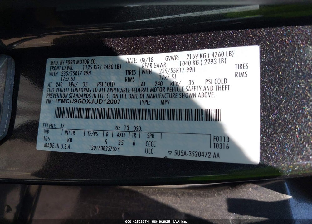 2018 FORD ESCAPE VIN: 1FMCU9GDXJUD12007