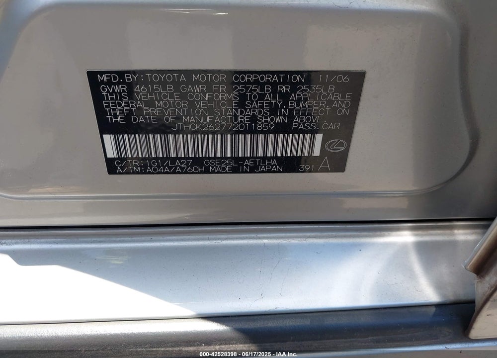 2007 LEXUS IS 250 VIN: JTHCK262772011859
