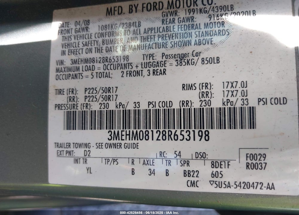 2008 MERCURY MILAN VIN: 3MEHM08128R653198