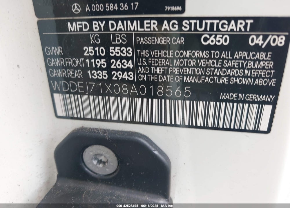 2008 MERCEDES-BENZ CL-CLASS VIN: WDDEJ71X08A018565