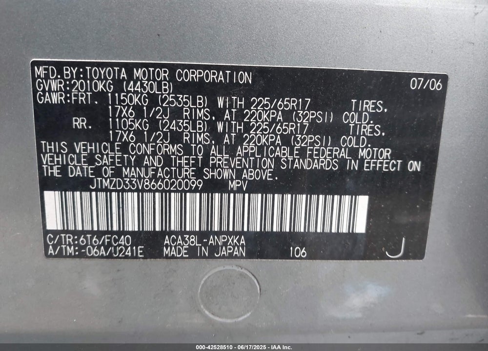 2006 TOYOTA RAV4 VIN: JTMZD33V866020099