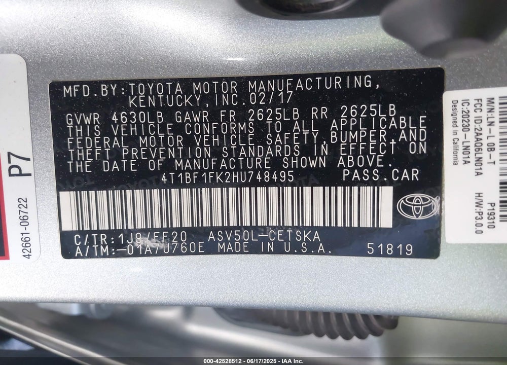 2017 TOYOTA CAMRY VIN: 4T1BF1FK2HU748495