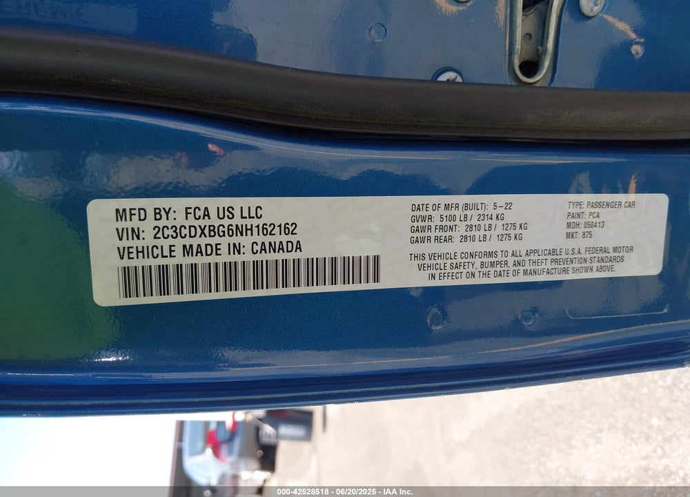 2022 DODGE CHARGER VIN: 2C3CDXBG6NH162162