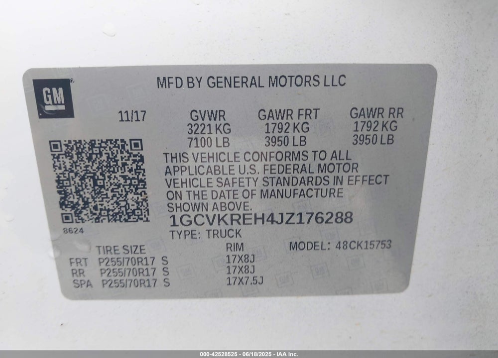 2018 CHEVROLET SILVERADO 1500 VIN: 1GCVKREH4JZ176288