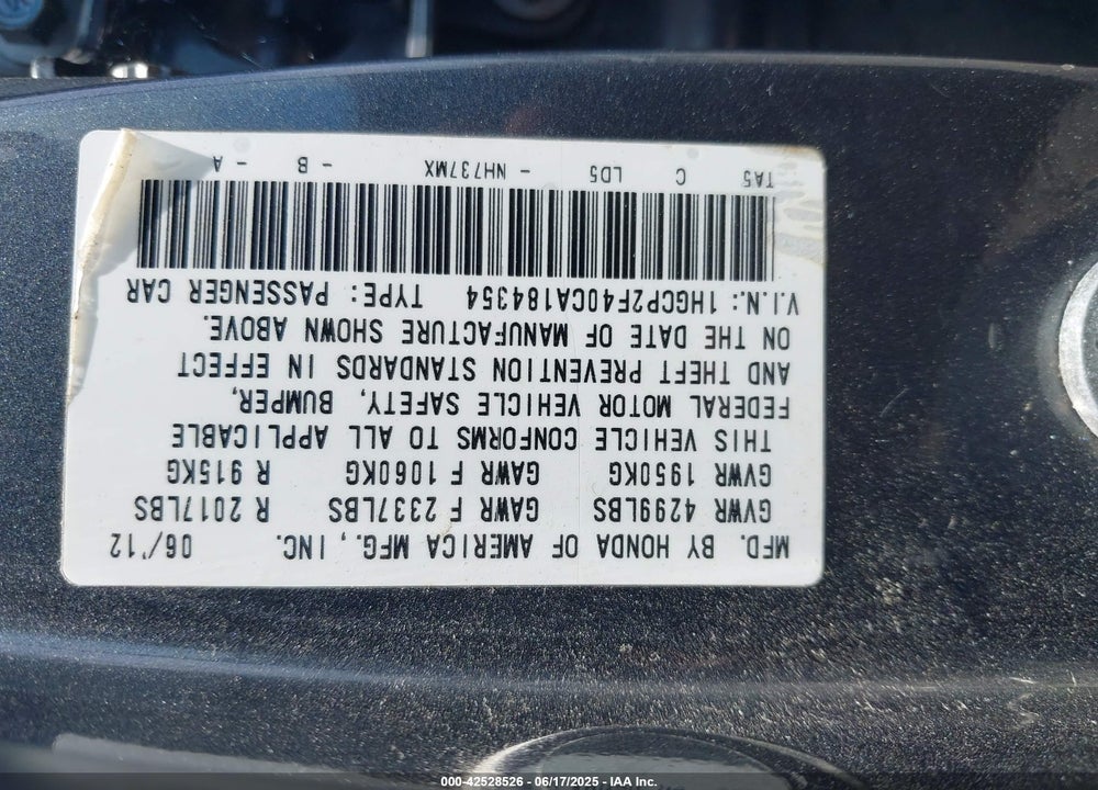 2012 HONDA ACCORD VIN: 1HGCP2F40CA184354
