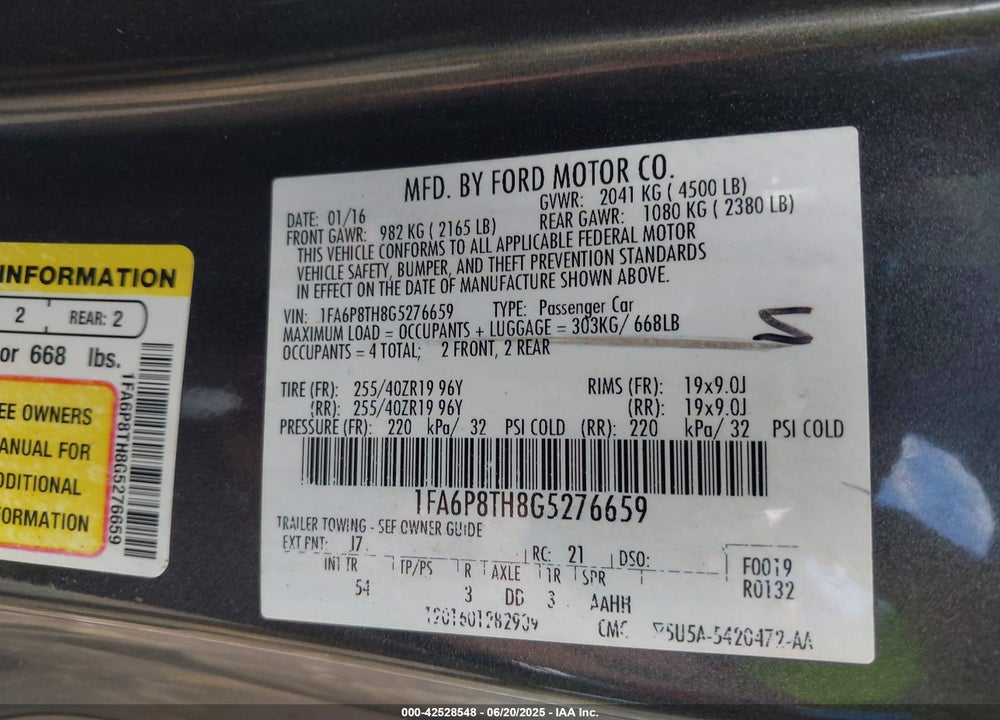 2016 FORD MUSTANG VIN: 1FA6P8TH8G5276659