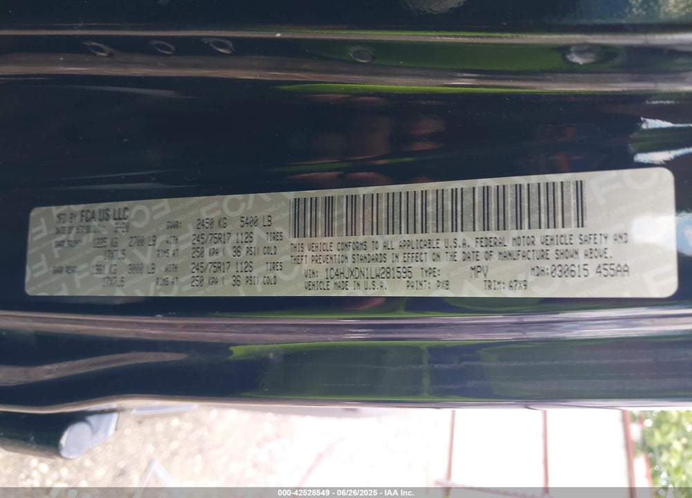 2020 JEEP WRANGLER UNLIMITED VIN: 1C4HJXDN1LW281595