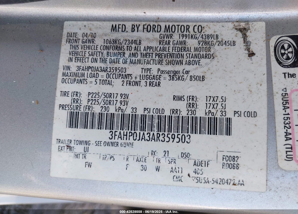 2010 FORD FUSION VIN: 3FAHP0JA3AR359503