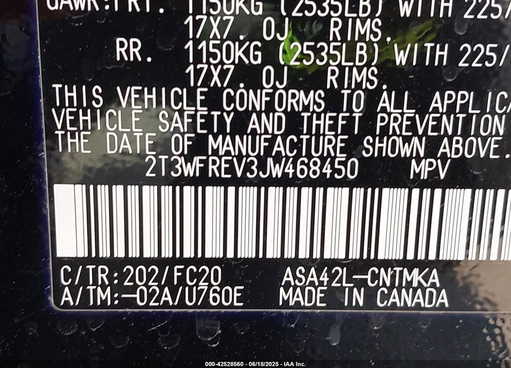 2018 TOYOTA RAV4 VIN: 2T3WFREV3JW468450