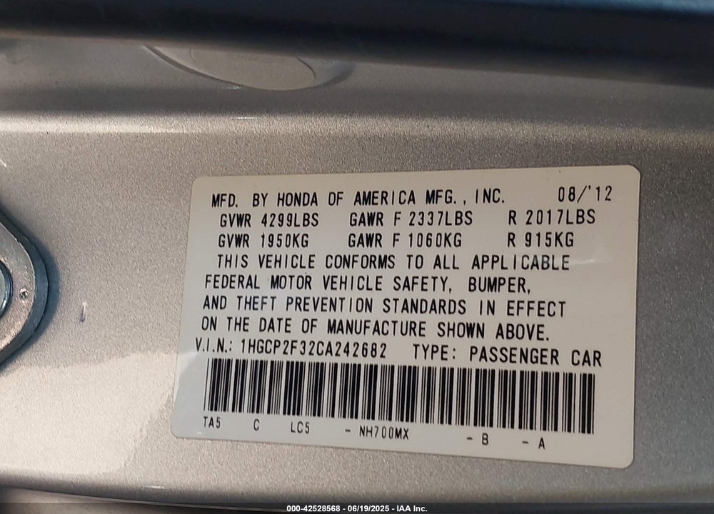 2012 HONDA ACCORD 2.4 LX VIN: 1HGCP2F32CA242682
