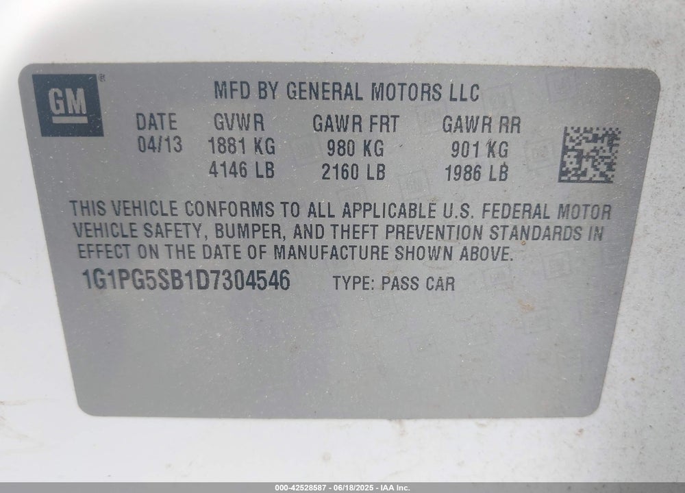2013 CHEVROLET CRUZE VIN: 1G1PG5SB1D7304546