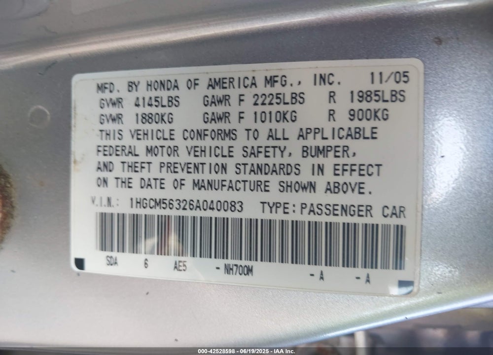 2006 HONDA ACCORD 2.4 SE VIN: 1HGCM56326A040083