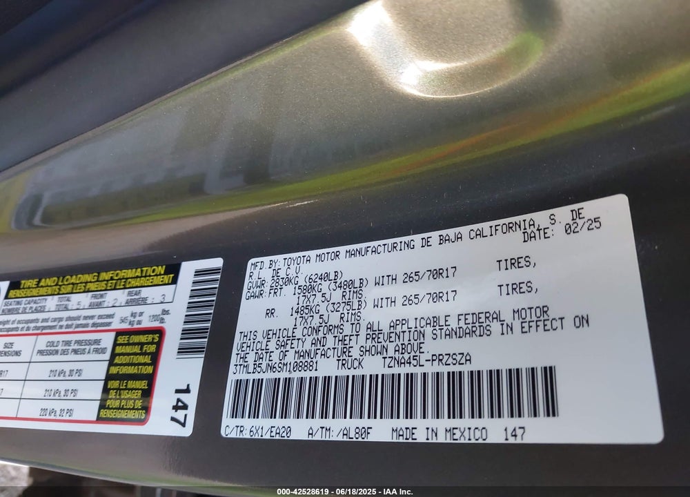 2025 TOYOTA TACOMA VIN: 3TMLB5JN6SM108881