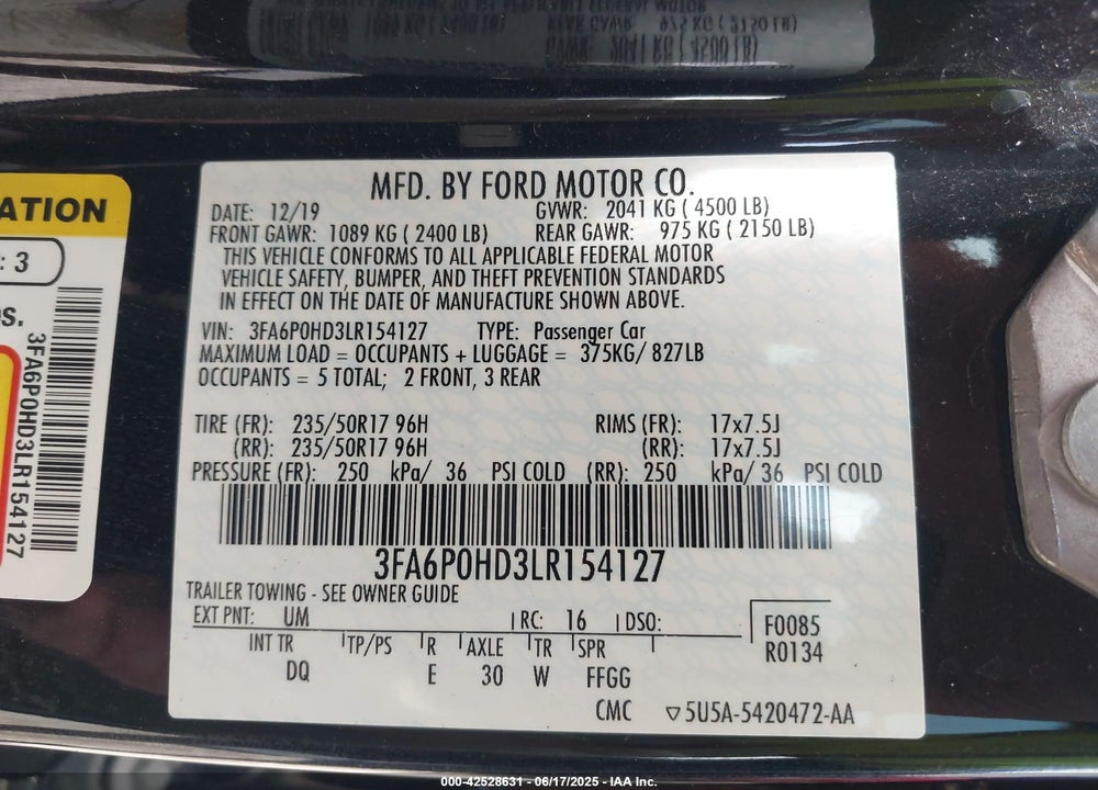 2020 FORD FUSION VIN: 3FA6P0HD3LR154127