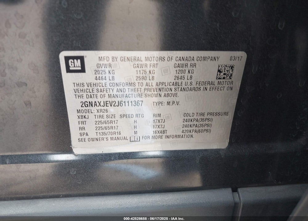 2018 CHEVROLET EQUINOX VIN: 2GNAXJEV2J6111367