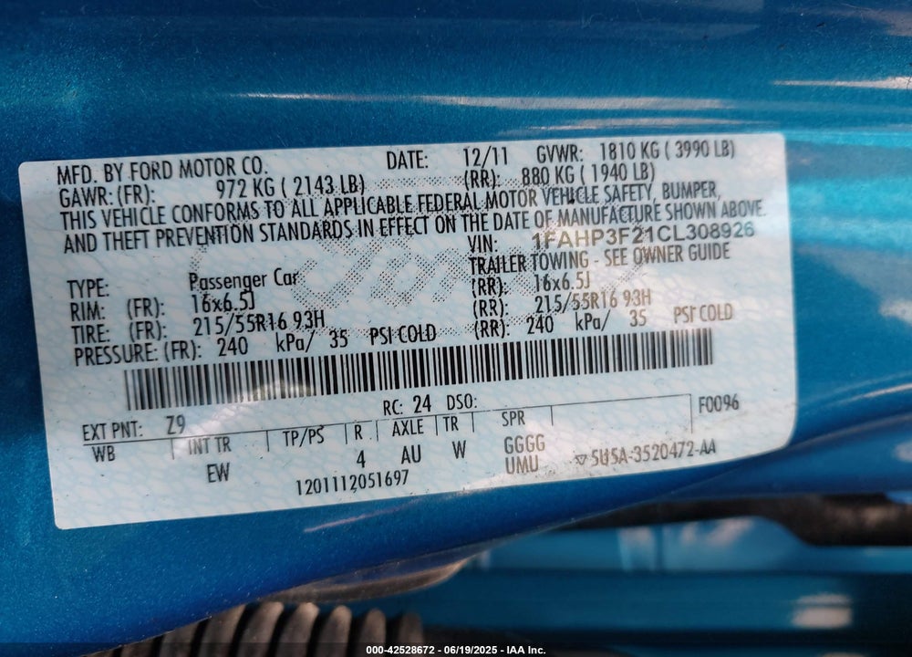 2012 FORD FOCUS SE VIN: 1FAHP3F21CL308926