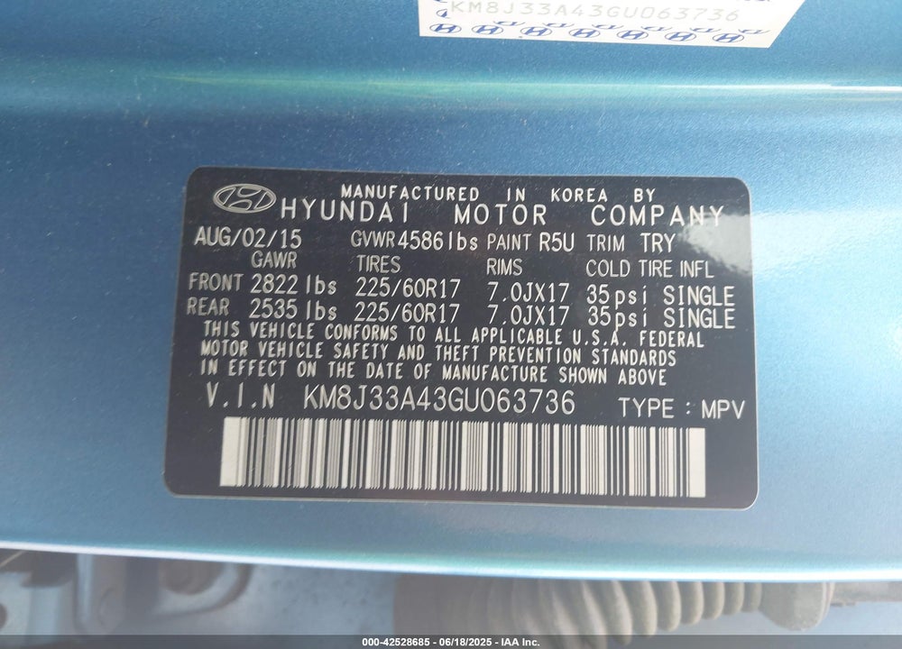 2016 HYUNDAI TUCSON VIN: KM8J33A43GU063736