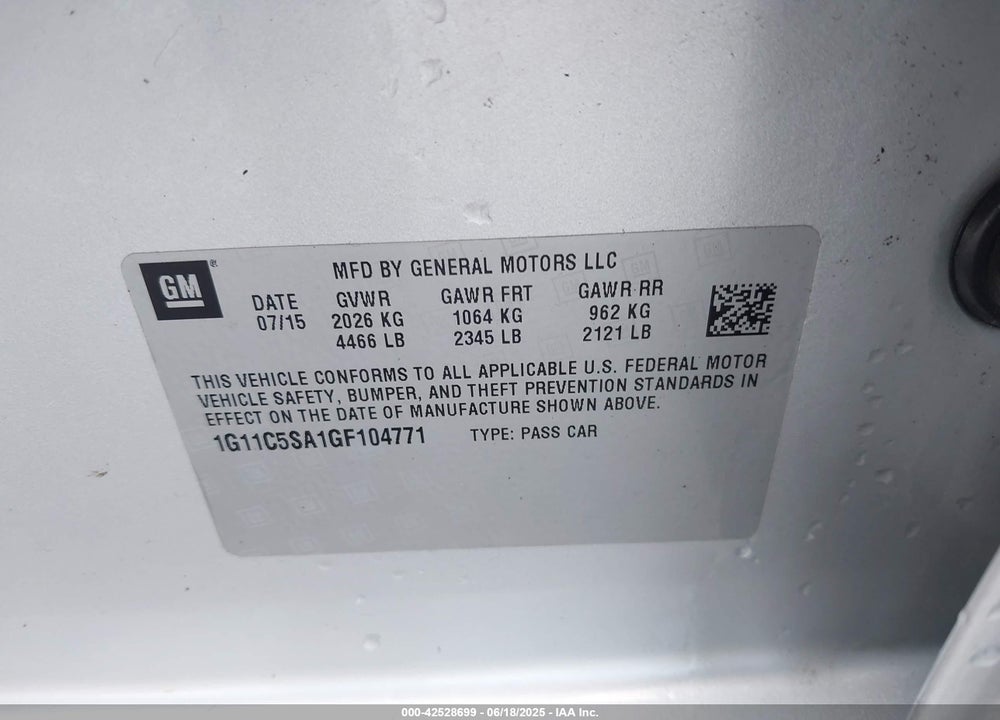 2016 CHEVROLET MALIBU LIMITED VIN: 1G11C5SA1GF104771