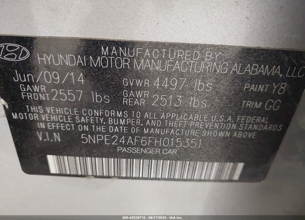 2015 HYUNDAI SONATA VIN: 5NPE24AF6FH015351