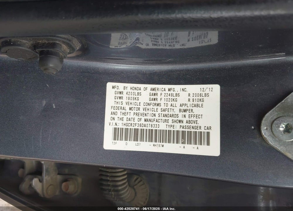 2013 HONDA ACCORD VIN: 1HGCR2F36DA078333