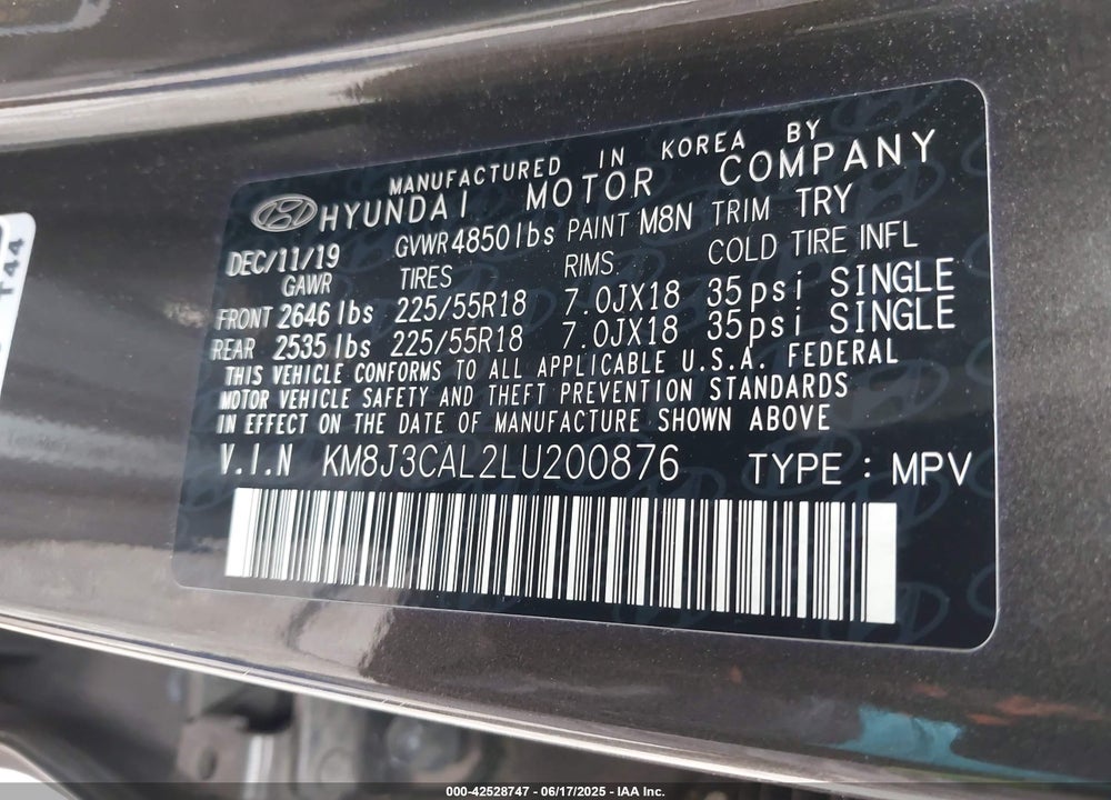 2020 HYUNDAI TUCSON VIN: KM8J3CAL2LU200876