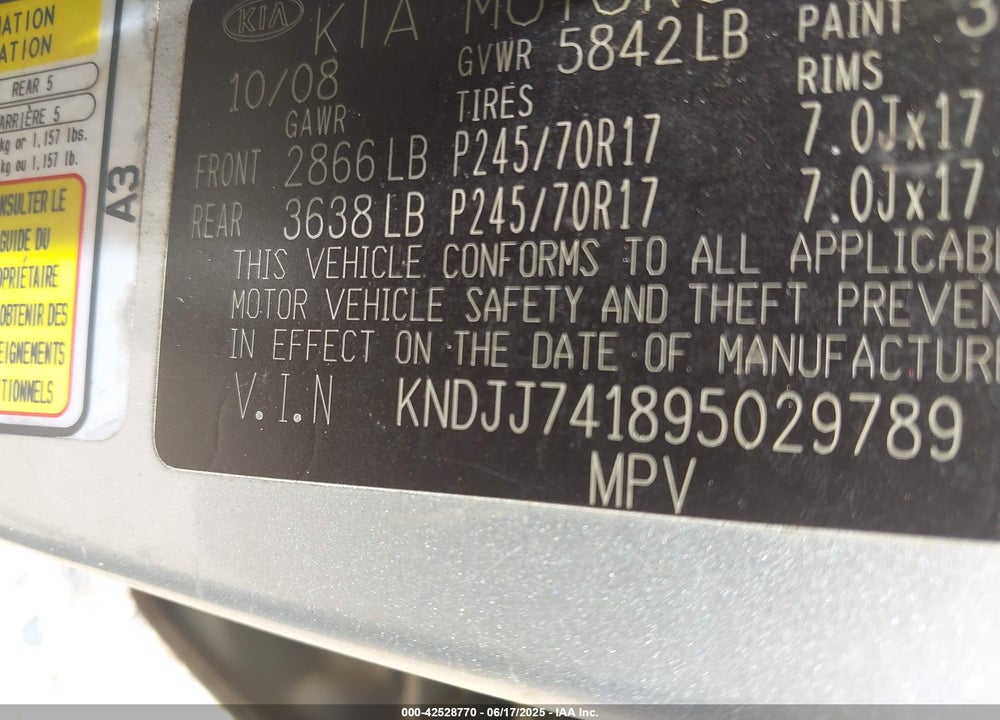 2009 KIA BORREGO VIN: KNDJJ741895029789