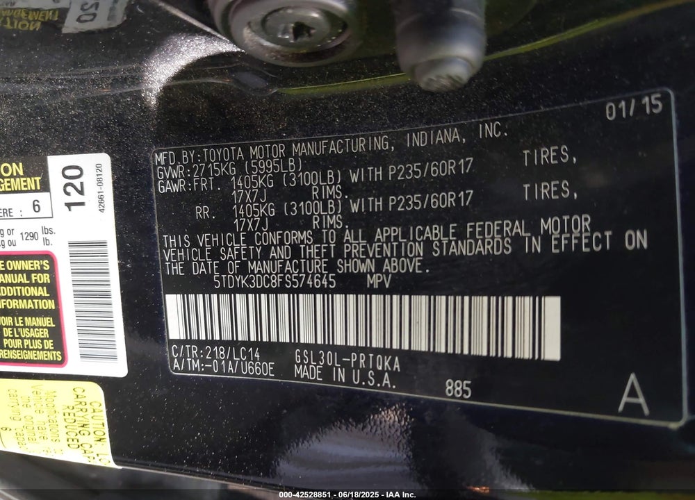 2015 TOYOTA SIENNA VIN: 5TDYK3DC8FS574645
