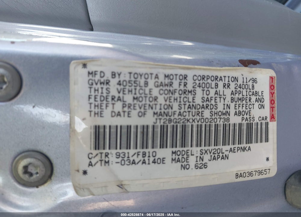 1997 TOYOTA CAMRY LE VIN: JT2BG22KXV0020738