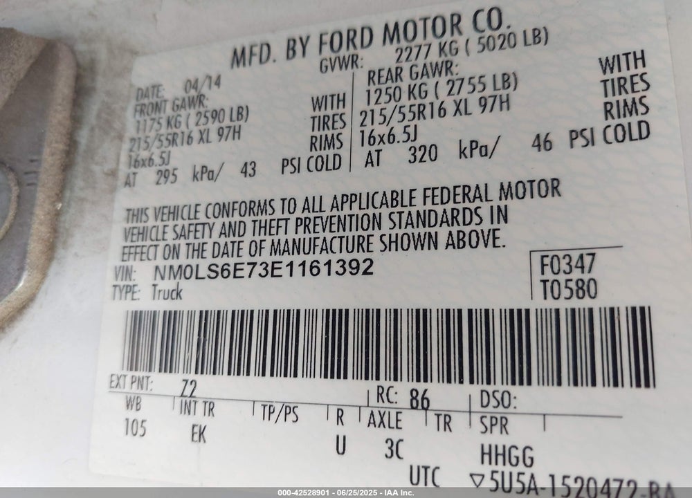2014 FORD TRANSIT CONNECT XL VIN: NM0LS6E73E1161392