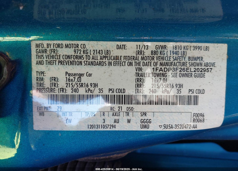 2014 FORD FOCUS VIN: 1FADP3F26EL202957