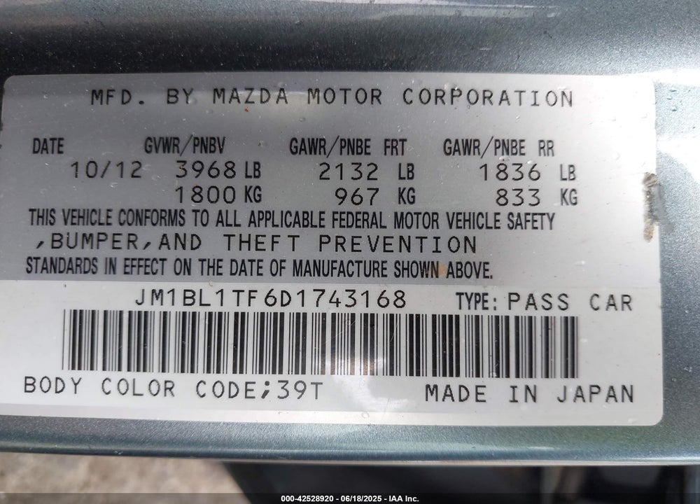 2013 MAZDA 3 VIN: JM1BL1TF6D1743168