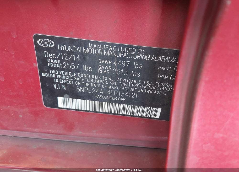 2015 HYUNDAI SONATA VIN: 5NPE24AF4FH154121