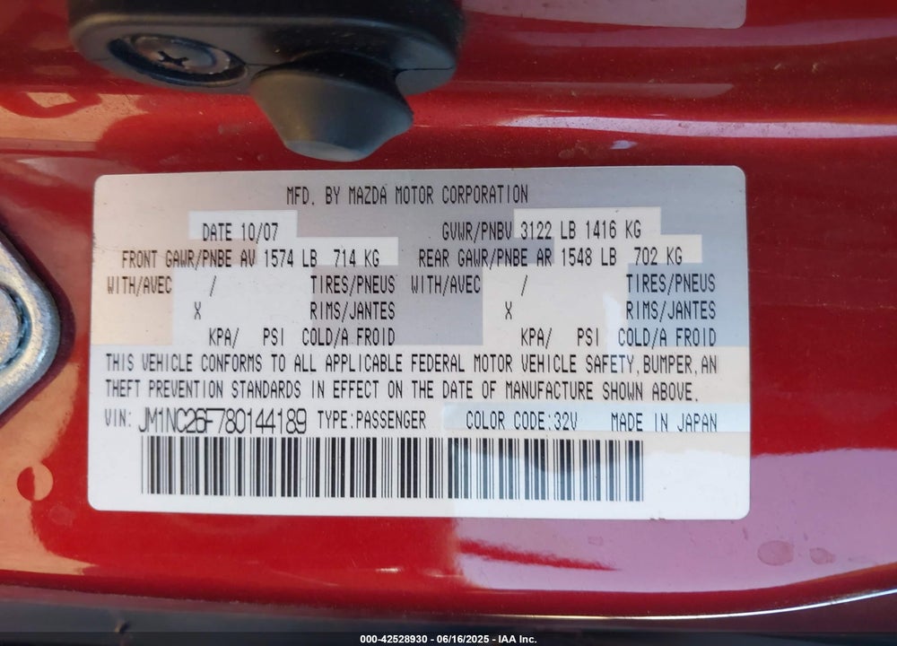2008 MAZDA MX5 VIN: JM1NC26F780144189