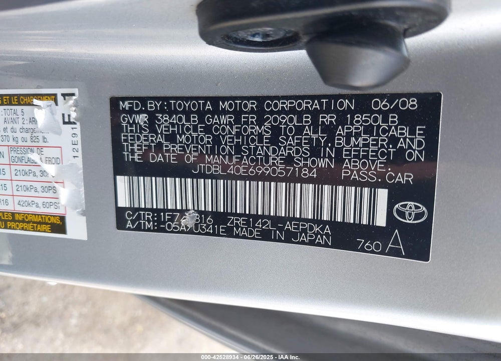 2009 TOYOTA COROLLA VIN: JTDBL40E699057184