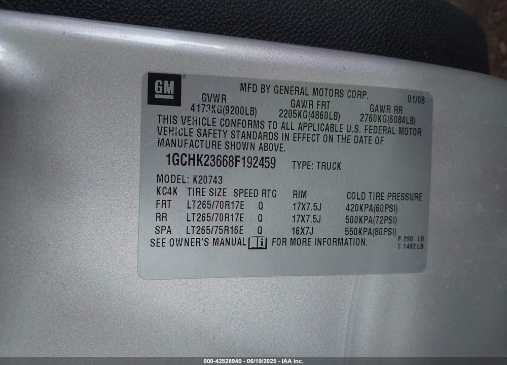 2008 CHEVROLET SILVERADO 2500HD LTZ VIN: 1GCHK23668F192459