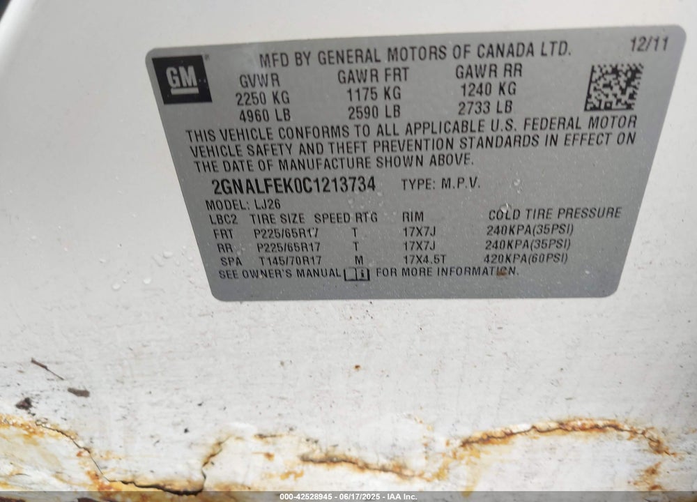 2012 CHEVROLET EQUINOX VIN: 2GNALFEK0C1213734