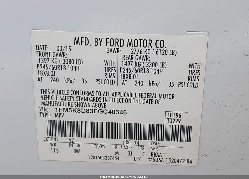 2015 FORD EXPLORER XLT VIN: 1FM5K8D83FGC40346