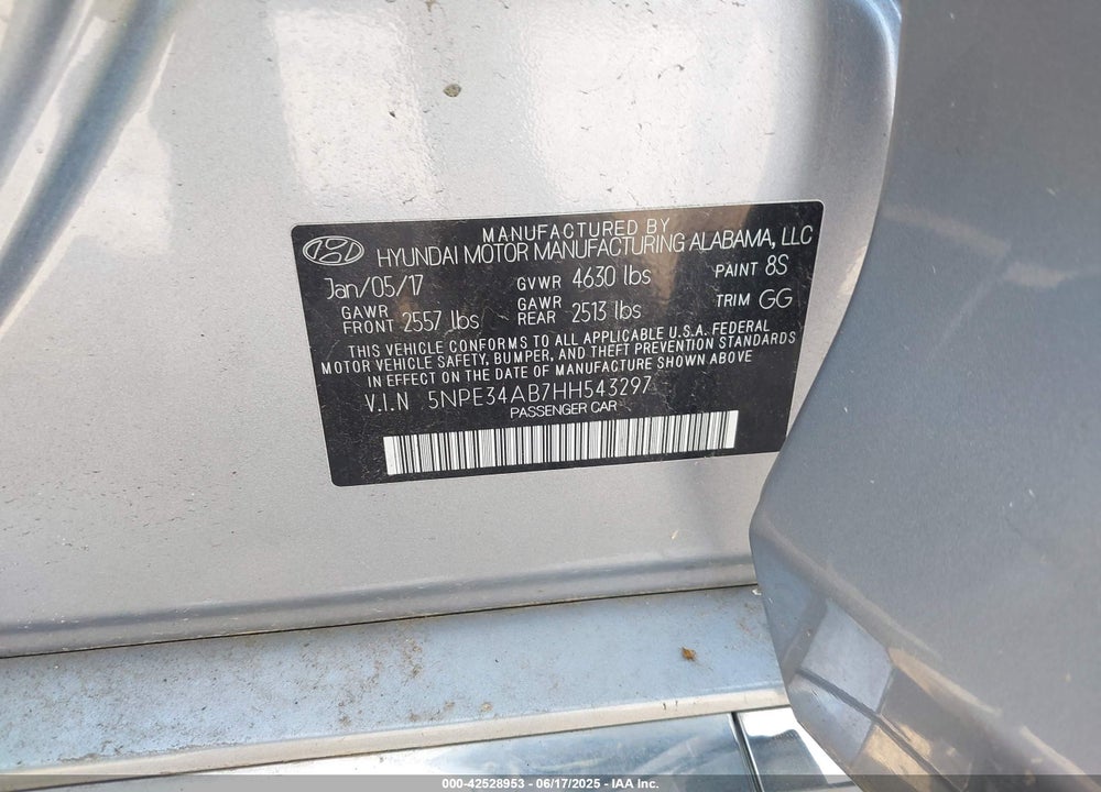 2017 HYUNDAI SONATA VIN: 5NPE34AB7HH543297
