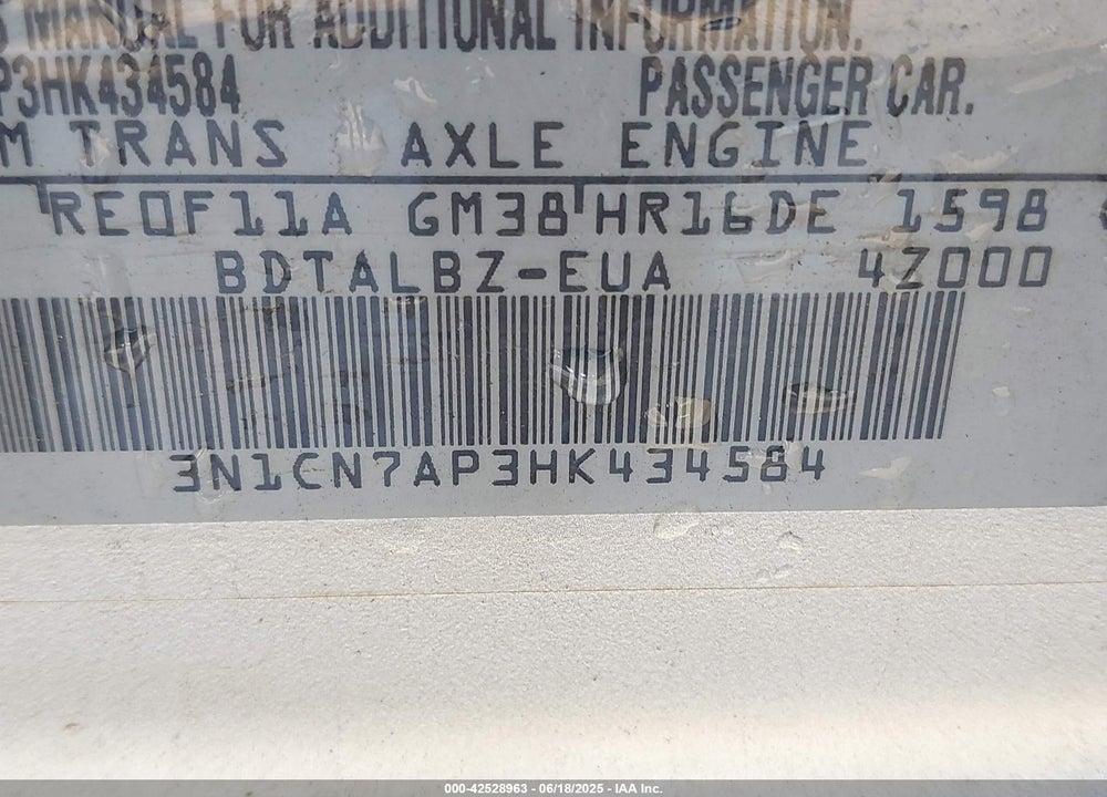 2017 NISSAN VERSA VIN: 3N1CN7AP3HK434584