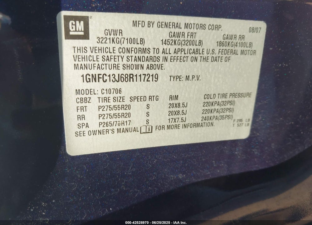 2008 CHEVROLET TAHOE VIN: 1GNFC13J68R117219