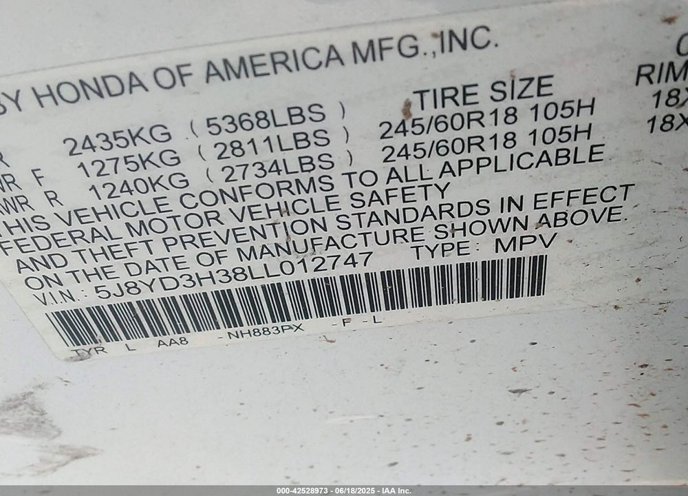 2020 ACURA MDX VIN: 5J8YD3H38LL012747